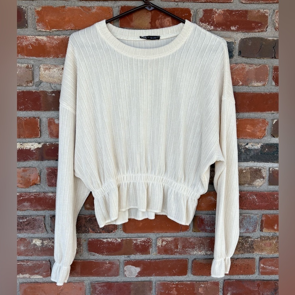 Zara Cream Ribbed Elastic Waist Sweater Top Sz Small Preowned